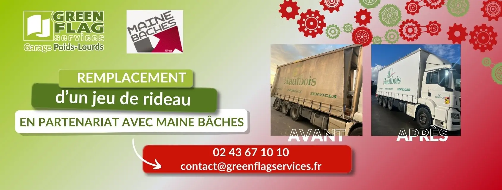 Remplacement d’un rideau de semi-remorque, intervention Green Flag Services avec bâches réalisées par Maine Bâches