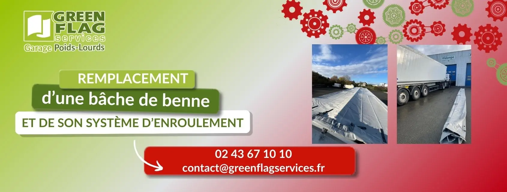 Remplacement bâche de benne Schmitz avec système d’enroulement par Green Flag Services, garage poids lourds à Laval 53 Mayenne