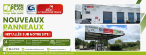 Garage poids lourds Green Flag Services à Laval avec nouvelle signalétique Top Truck pour maintenance et réparation multimarque