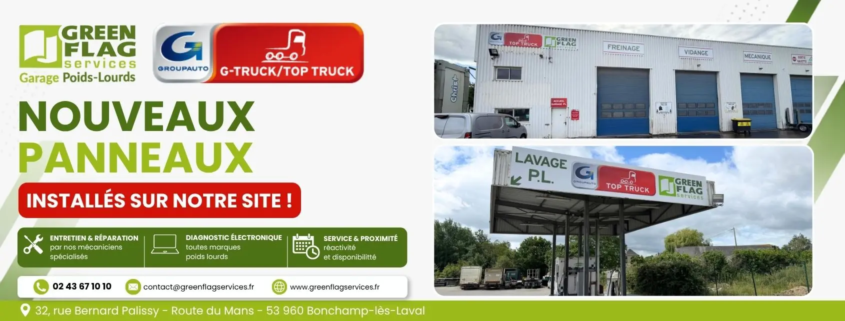 Garage poids lourds Green Flag Services à Laval avec nouvelle signalétique Top Truck pour maintenance et réparation multimarque